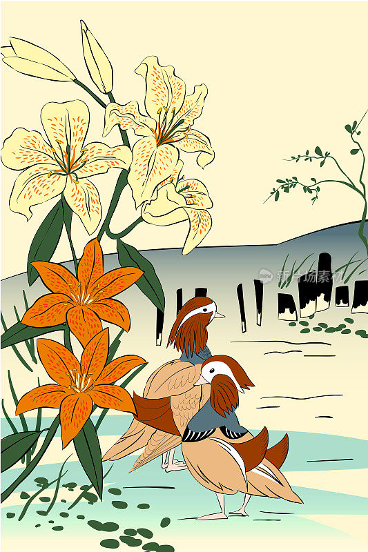 Vector illustration canvas flowers and birds in ukiyo style, white and orange lilies and mandarin duck, can be used for background, in textile, packaging design, banner or card.